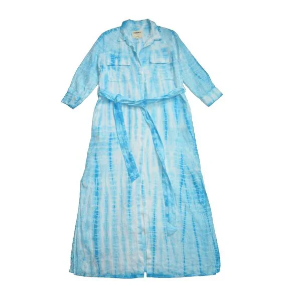 L'Agence Cameron in Aqua Bamboo Tie Dye Linen Belted Maxi Shirt Dress M